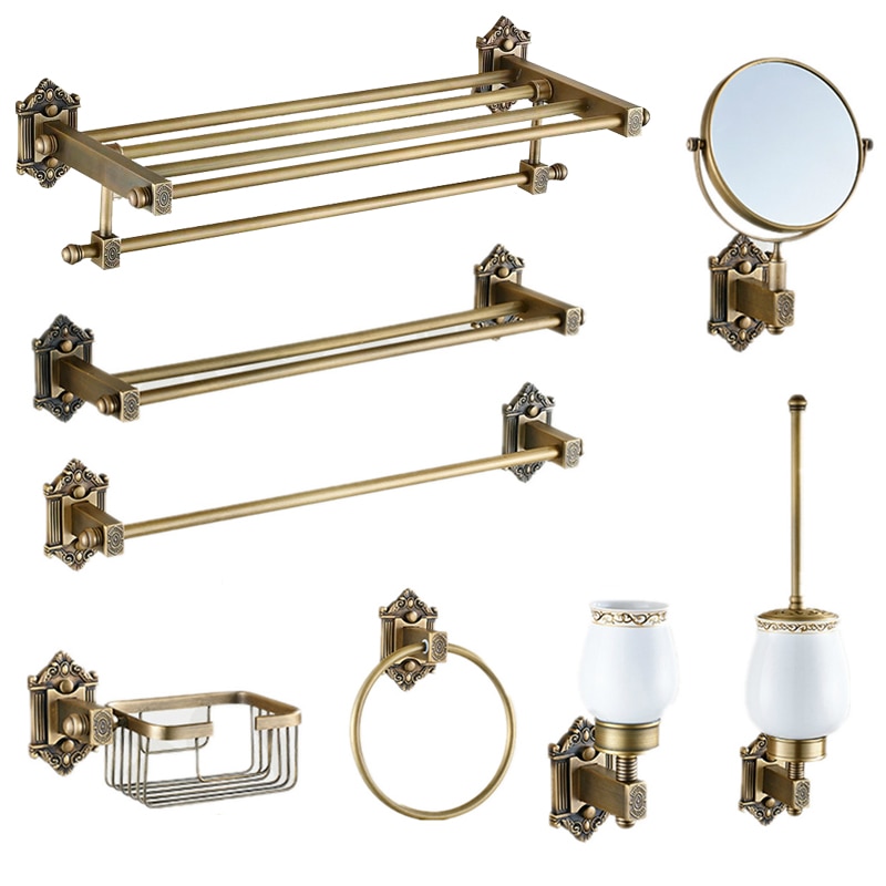 Vintage Bronze Bathroom Accessories European Brushed Solid Brass Bathroom Hardware Set Wall Mounted Carved Bathroom Products