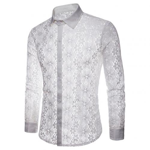 Men Sexy Shirts Long Sleeve Solid Color Lace Mesh See Through Clubwear Buttons Down Shirt Slim Party Transparent Shirt Tops: white / S