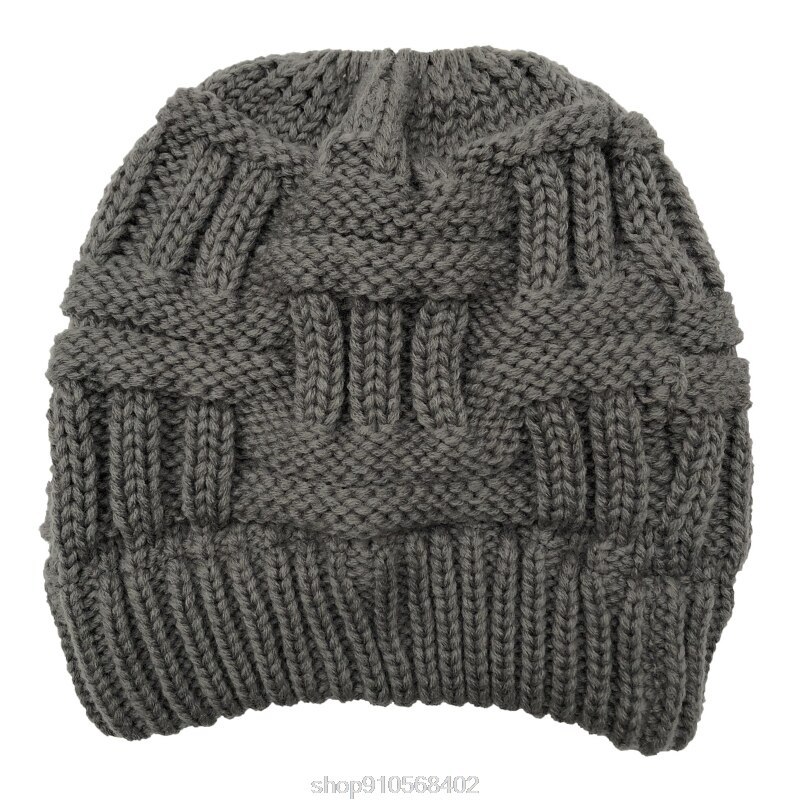 Chunky Plaid Knitted Beanie Hat with Ponytail Hole High Messy Bun Solid Color Stretch Skull Cap Ear Warmer N06 20: GY