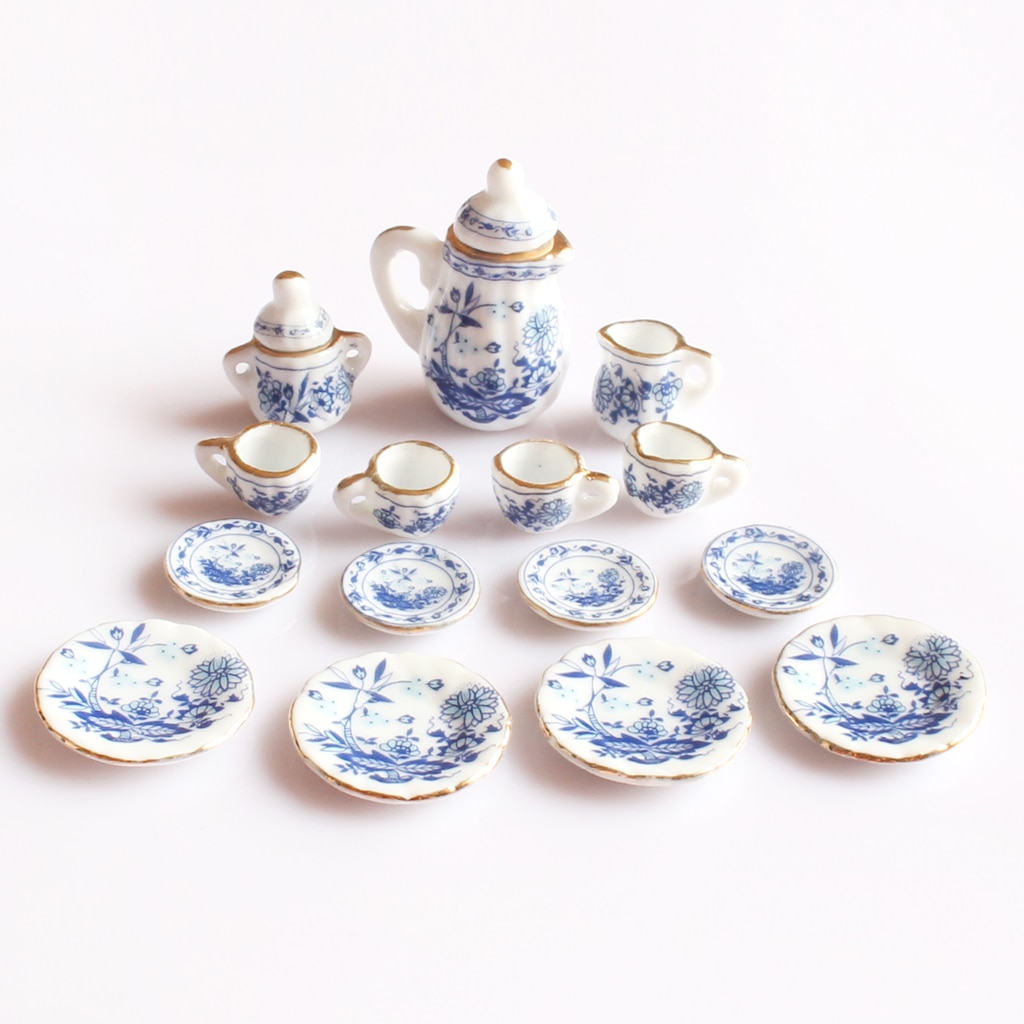 15pcs Dolls House Miniature China Ceramic Porcelain Coffee Tea Set 1/12 Scale