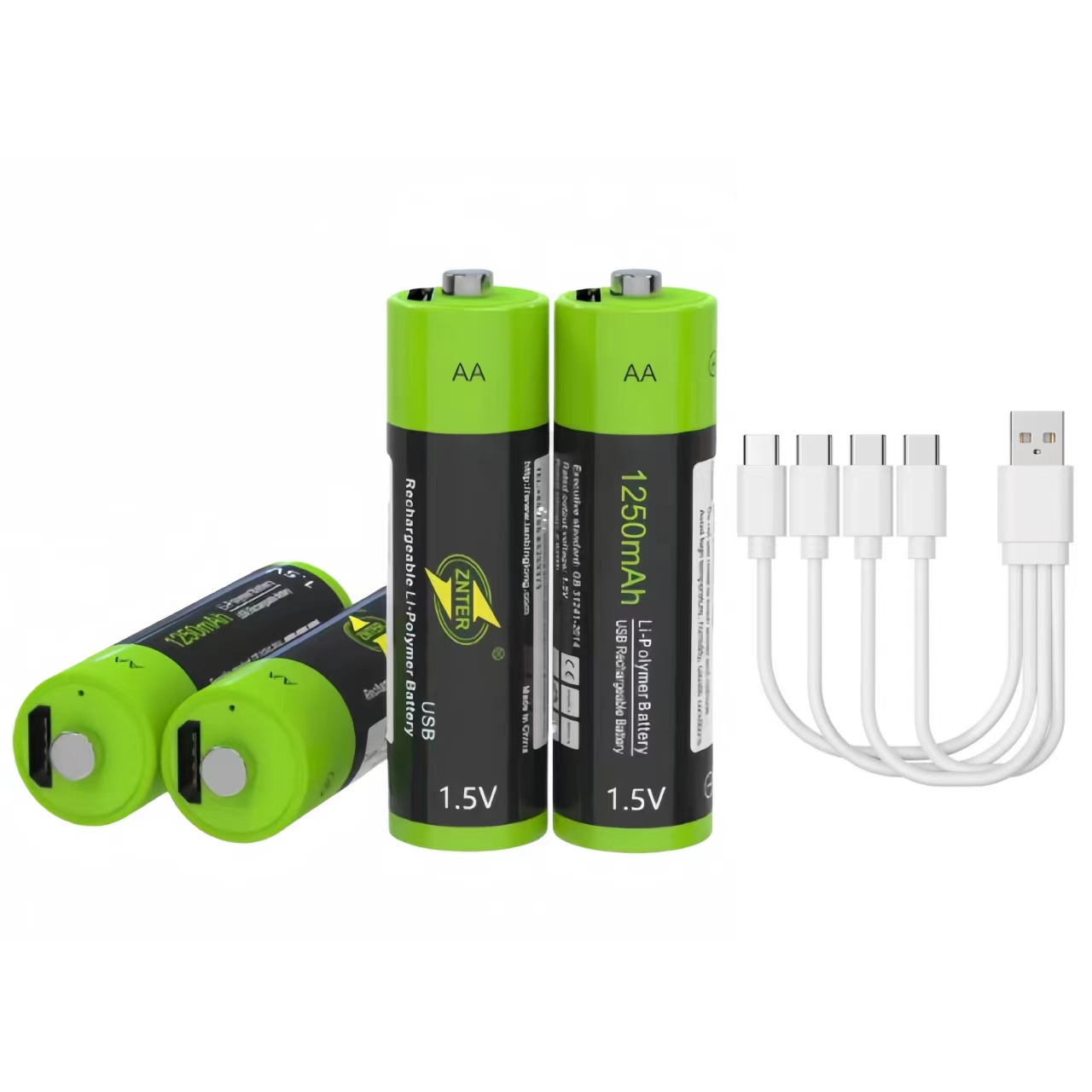 1.5V USB AA Rechargeable Battery 1250mAh Rechargeable Li-ion Battery Charges via USB Cable: Beige