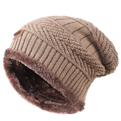 Men Warm Winter Knitted Beanie Hat Fleece Sullies Cap Black Male Casual Thick Soft Head Warmer: Khaki