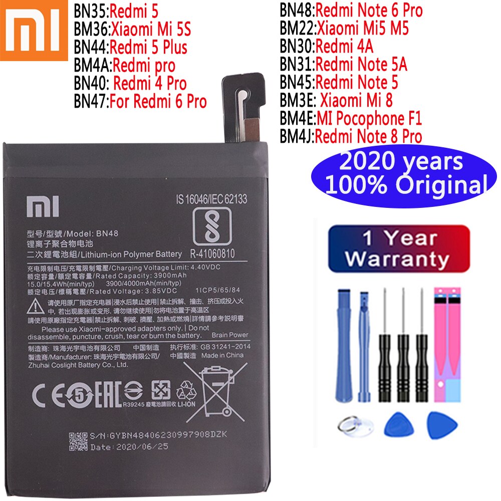 Xiaomi 100% batería Original para Xiaomi Redmi 4A Nota 5 5A 5 5 Plus Nota 6 Pro 4 Pro 6 Pro 8 Pro Mi 5S Mi 8 teléfono móvil F1 batería