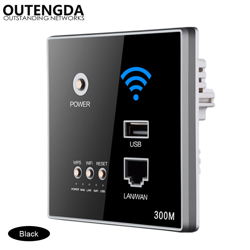 300M In-Wall AP Access Point Draadloze WiFi router USB-opladen Socket Wall Mount Wifi AP router met WPS Encryptie: Black