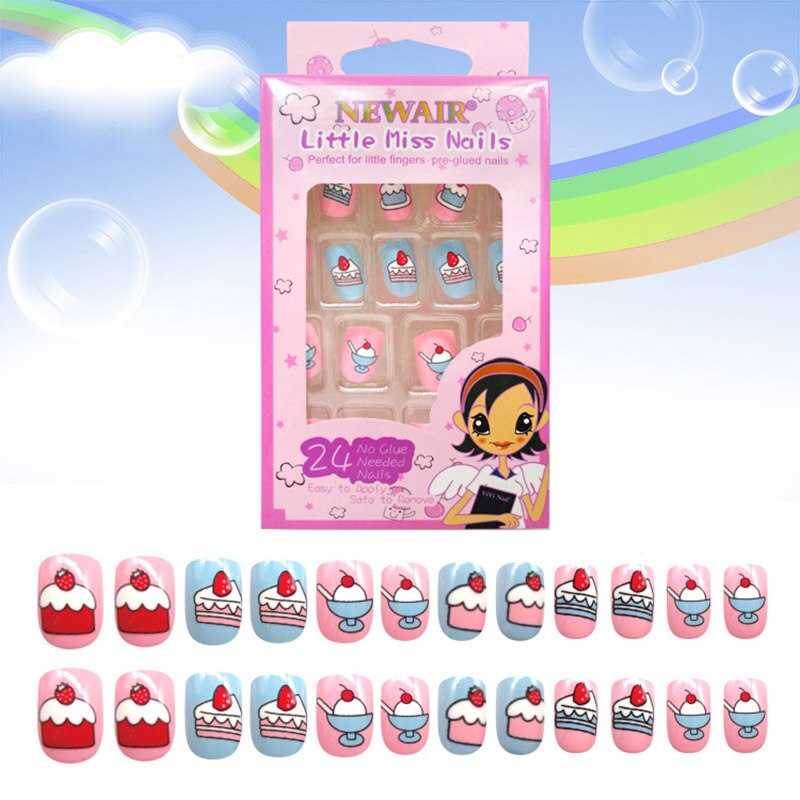 Boîte de faux-ongles courts à pression pour enfants, couverture complète, style différent avec un motif, 24 pièces/boîte, avec colle: style7