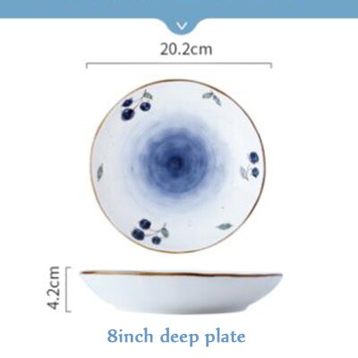 Home Gold Edge Blueberry Ceramic Tableware Heatable Oven Plate Soup Bowl Food Plate For Bread Noodles Salad Bakeware: 8inch deep plate