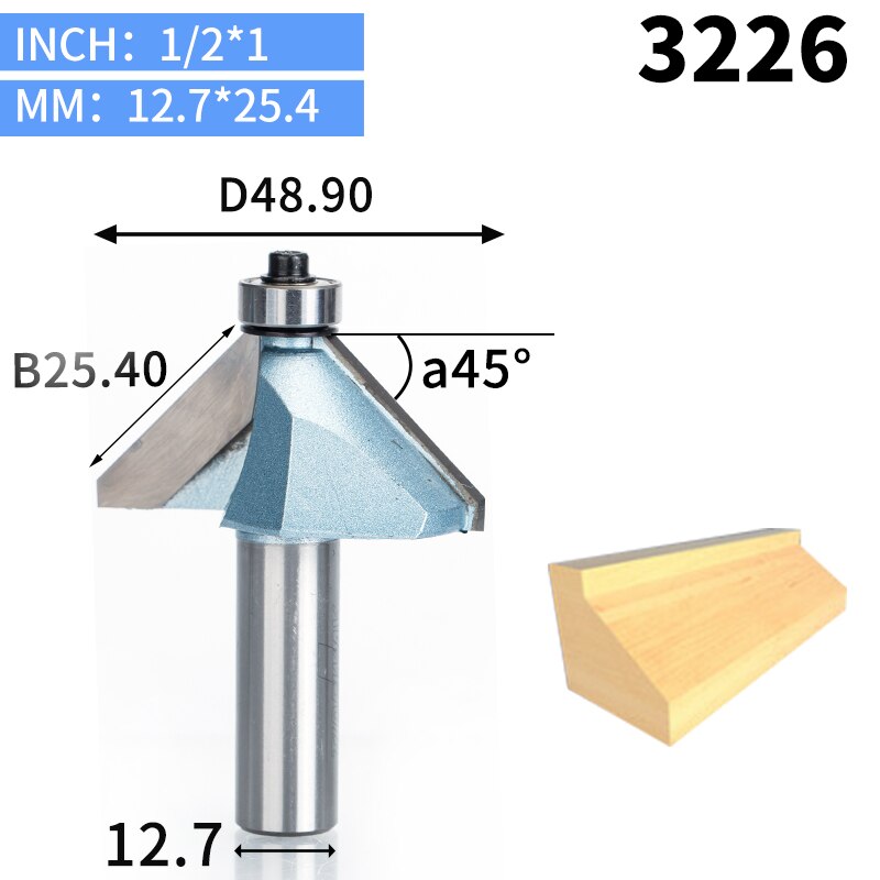 HUHAO 1pcs 1/2"1/4" Shank Chamfer Cutter Industrial grade Router Bits for wood Horse Nose Bit 45 Deg CNC Woodworking Tool endmil: 3226
