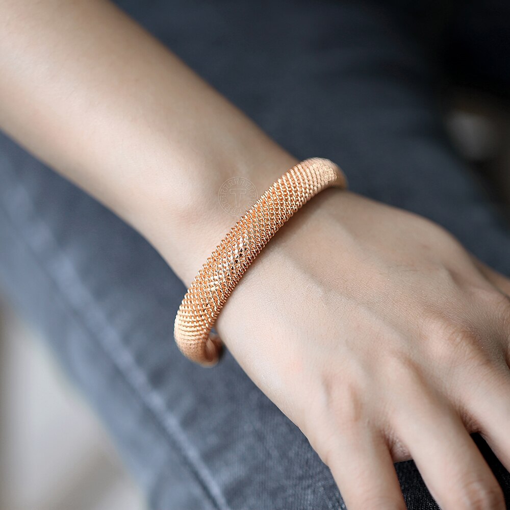 Men Women's 10mm Opening Big 585 Rose Gold Cuff Bangle Bracelet Braided Link Wristband for Mother Jewelry CB53