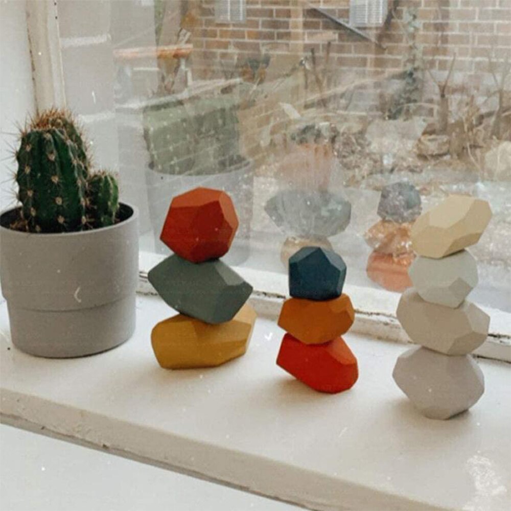 Wooden Stacking toy Montessori Toy Block Colored Stone Rocks Stones Tumi Ishi Wood Balancing Stacked Stones