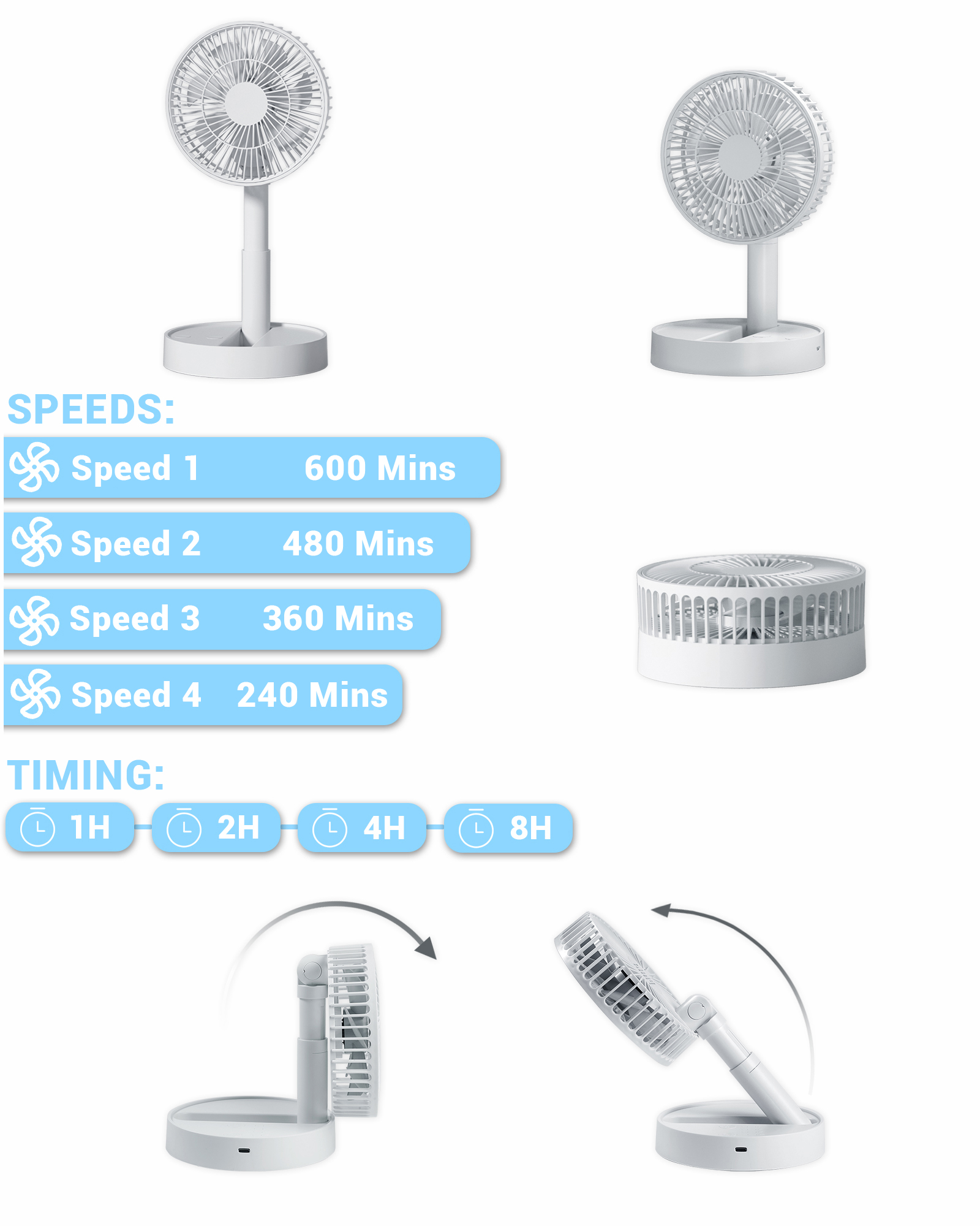USB opvouwbare ventilator met 4 snelheden en timing, op batterijen werkende miniventilator voor slaapkamer, binnen of buiten, tafelventilator