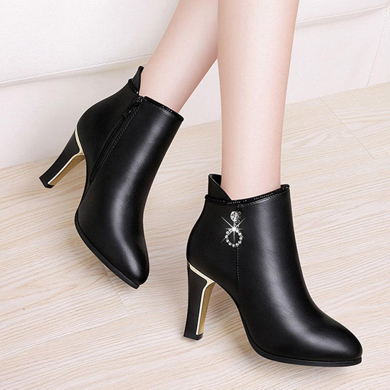 High Heels Ankle Boots Woman Dress Shoes Pointed Toe Booties Thin Heels Pumps Black Crystal Metal Warm Plush Ladies Shoes 8496N