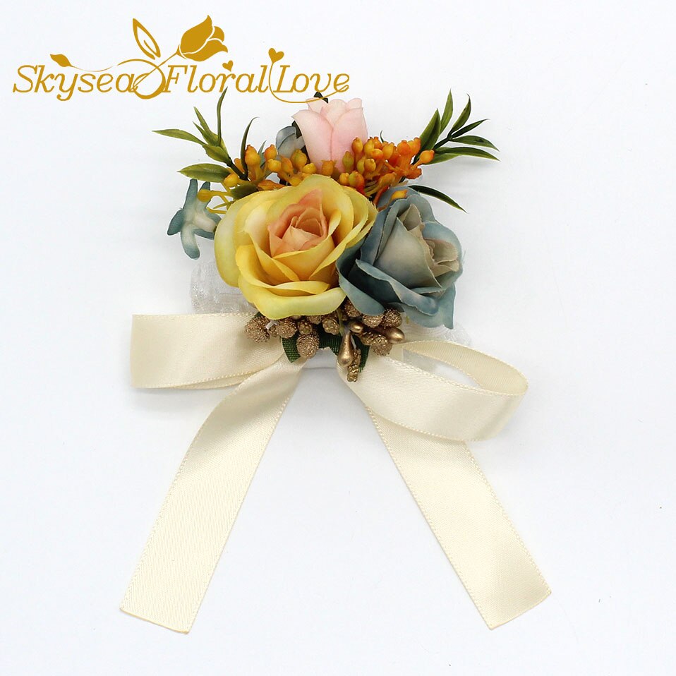 Bruiloft corsages en boutonnières broche bruid bruidegom pols corsages bruiloft bloemen: Yellow Wrist