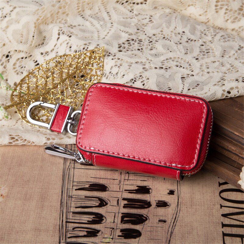 Portable Leather Multi Function Key Case Leather Car Key Bag Housekeeper Holders Key Rings Wallet Mini Card Bag: red