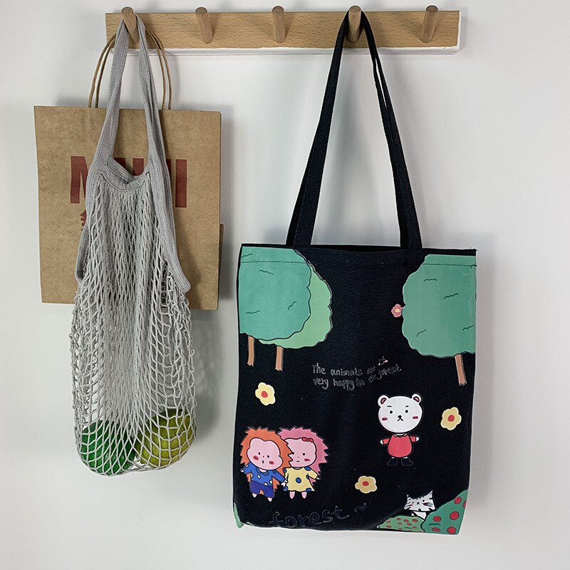 Sac de Shopping en toile pour femmes, fourre-tout à la , dessin animé coréen, mignon, étudiante, Kawaii, grande épaule, fermeture éclair: Black