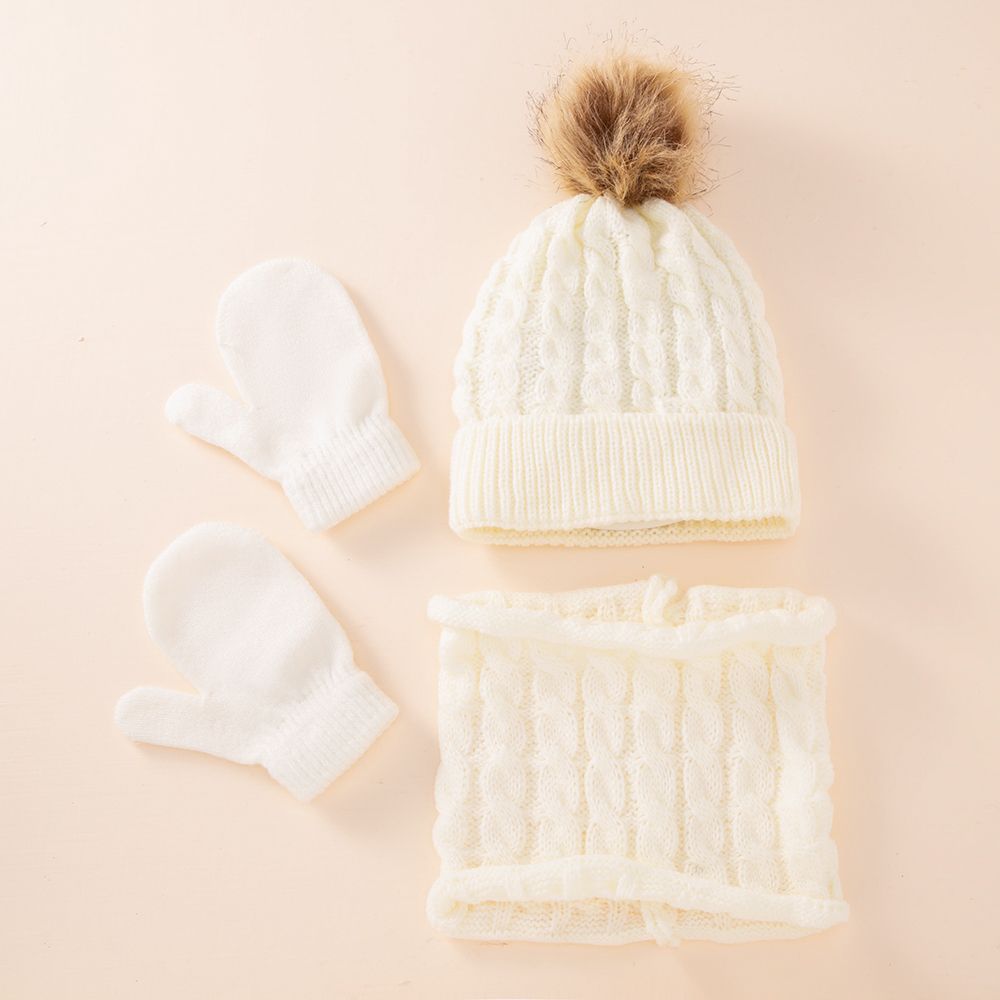 3Pcs/Set Cute Hat Scarf Gloves Set Solid Color Cotton Caps Winter Warm Accessories For Kids 0-3 Years Boys Girls Children: white