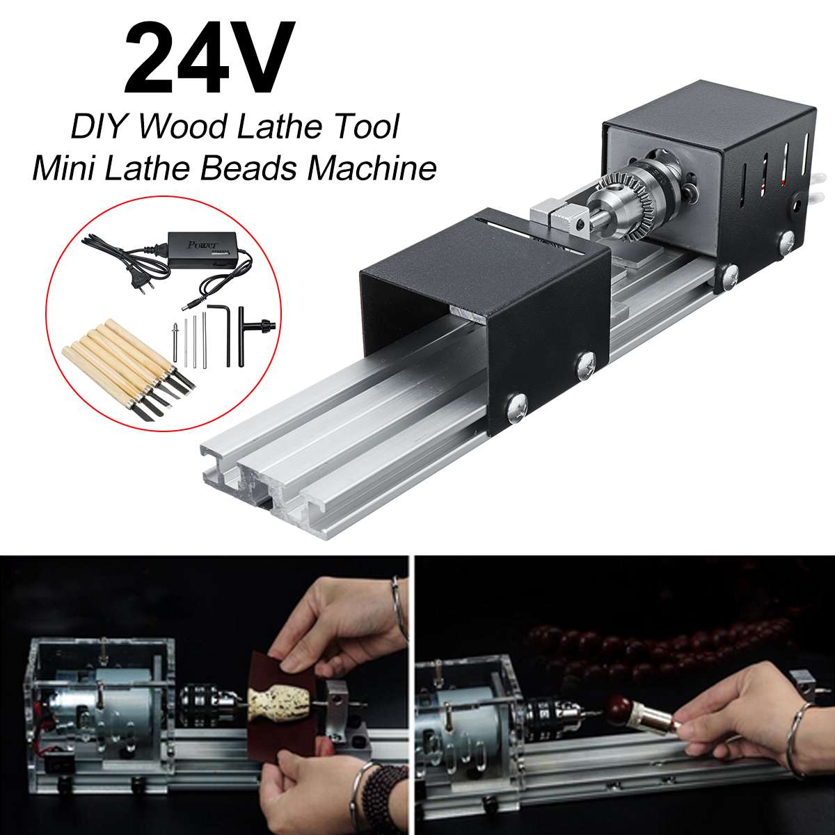 200W 12-24V Mini Wood Lathe Machine DIY Woodworking Buddha Pearl Lathe Grinding Polishing Mini Beads Machine Drill Rotary Tool