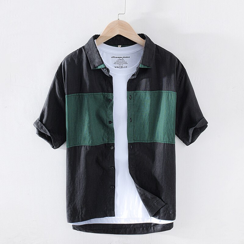 Retro contraste cor costura manga curta 100% puro linho camisa masculina casual arte magro ajuste preto roupas y2621: S