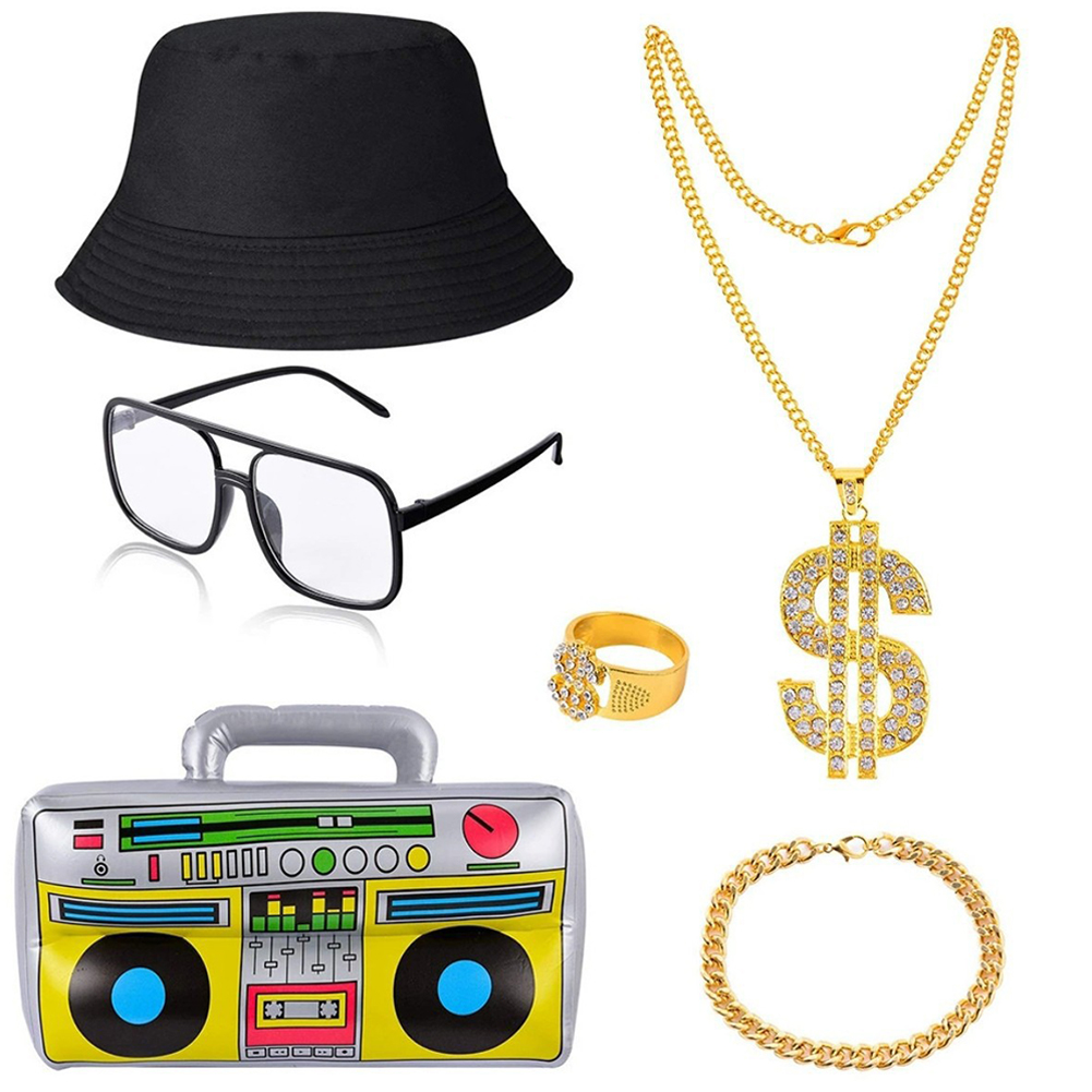 80s 90s Costume Outfit Set Hip-Hop Flamboyant Punk Dollar Sign Ring Hip Hop Star Glasses Bracelet Costume Kit for Boys Girls