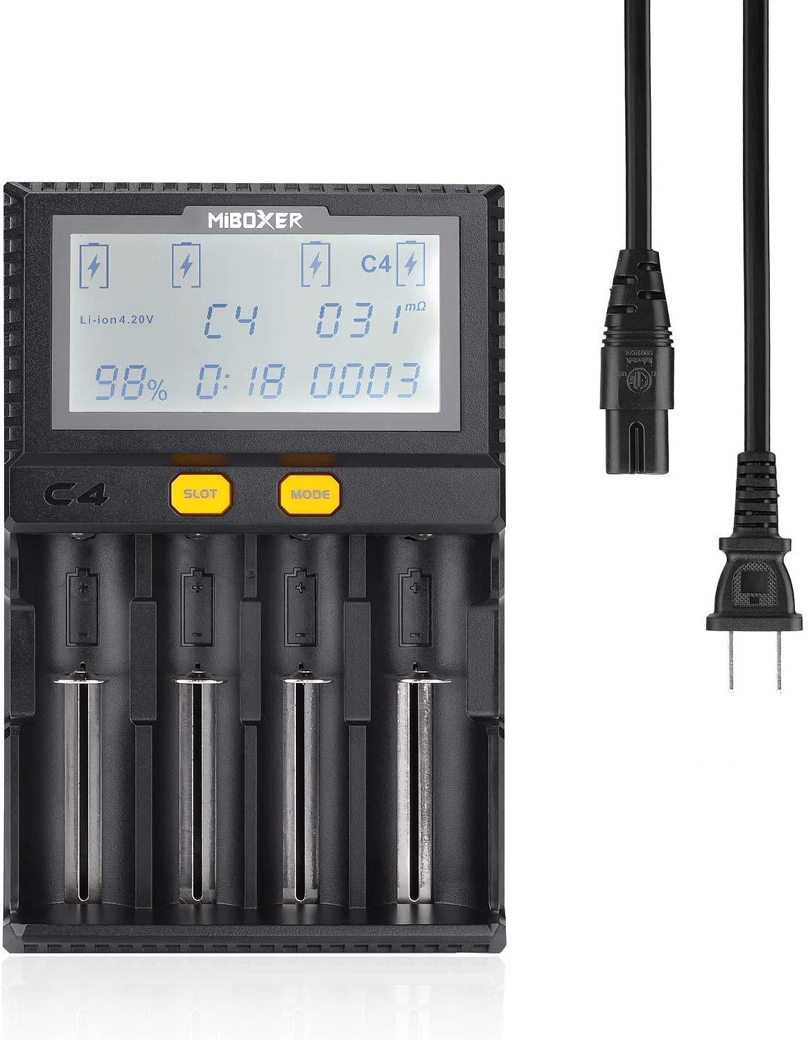 Miboxer C4 LCD Clever Batterie Ladegerät für Li-Ion IMR ICR LiFePO4 18650 14500 26650 21700 AAA Batterien 100-800mAh 1.5A entladung