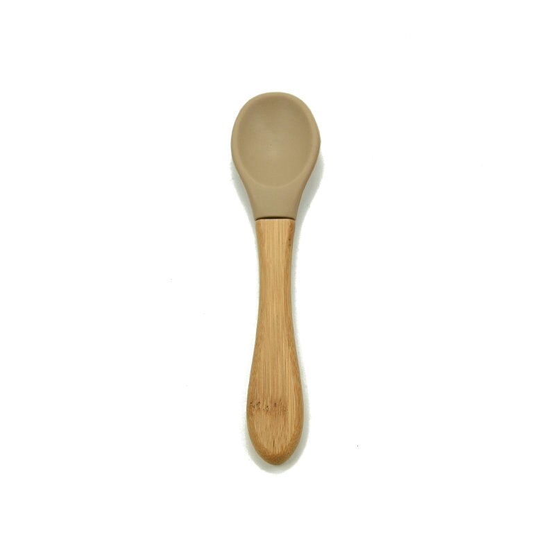 2PCS Baby Bamboo Training Spoons Organic Soft Baby Feeding Silicone Tip Spoon Scoop Easy Grip Handle Toddlers Infant: taupe
