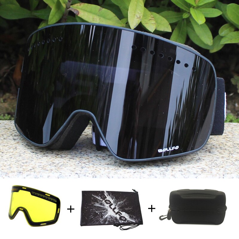 Magnetisk dobbeltlags linse skibriller masker antidugg  uv400 snowboardbriller skibriller briller for menn kvinner med etui: Svart svart
