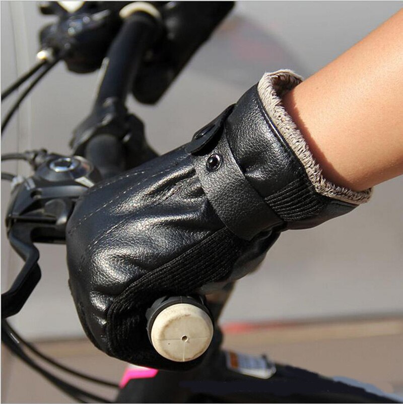 Guantes antideslizantes gruesos de piel sintética para hombre de otoño e invierno, guantes cálidos de dedos completos para exteriores, guantes de algodón para montar en coche eléctrico para motocicleta G117: Black