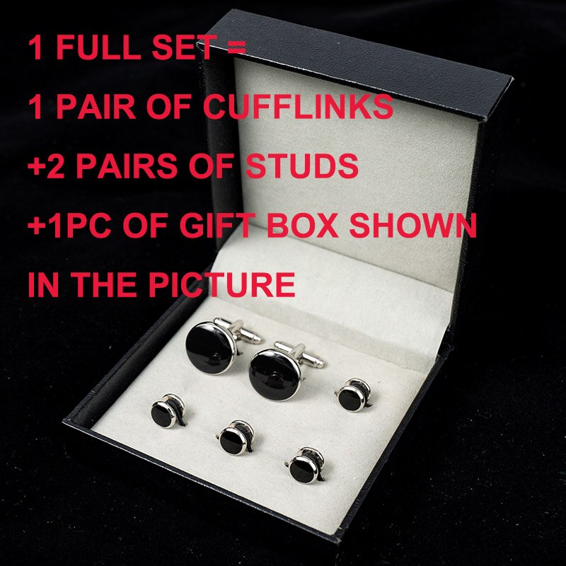 Classical Black Tuxedo Cufflinks and Studs Set with Box Enamel Round Shape Cuff Button For Mens Suit French Shirt Business: 1 FULL SET with BOX