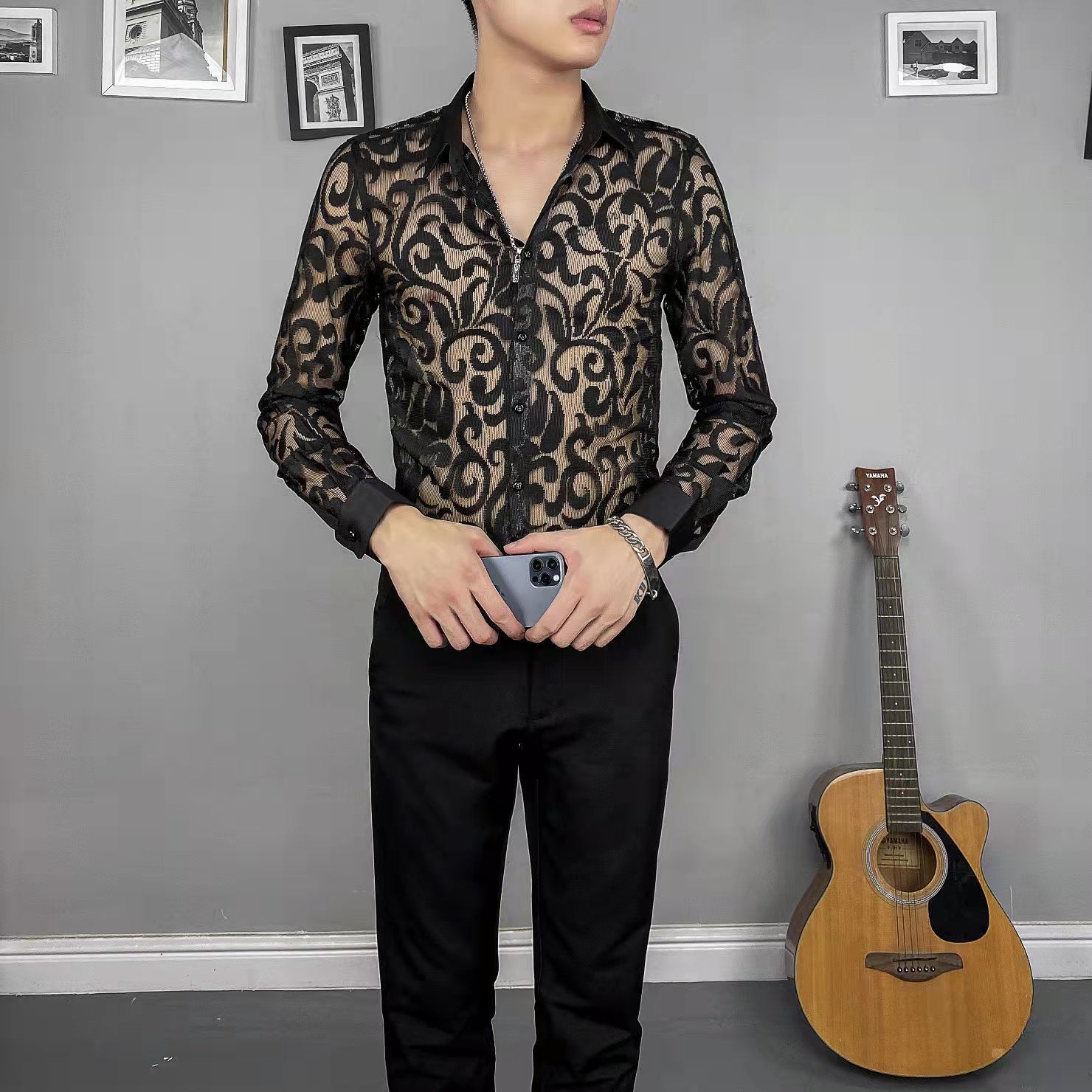 Clear Transparent Men Shirt Black White Long Sleeve Lace Mesh Wear Chic Stylish Male Summer Top Clothing