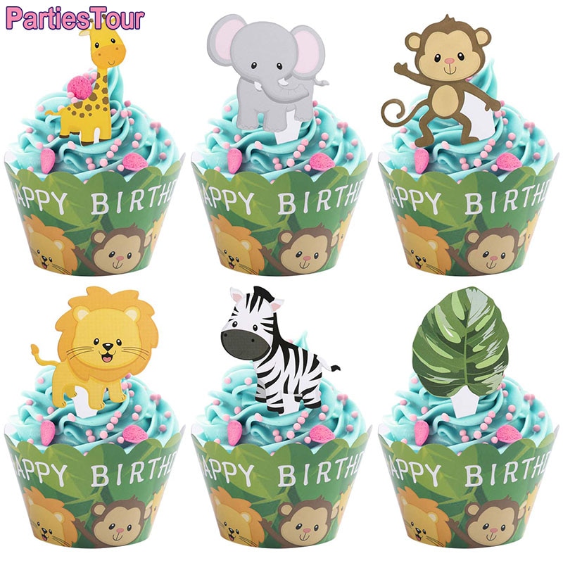 12/24Set Jungle Safari Dieren Gelukkige Verjaardag Cupcake Toppers Cupcake Wrappers Voor Woodland Guirlande Forest Thema Feestartikelen