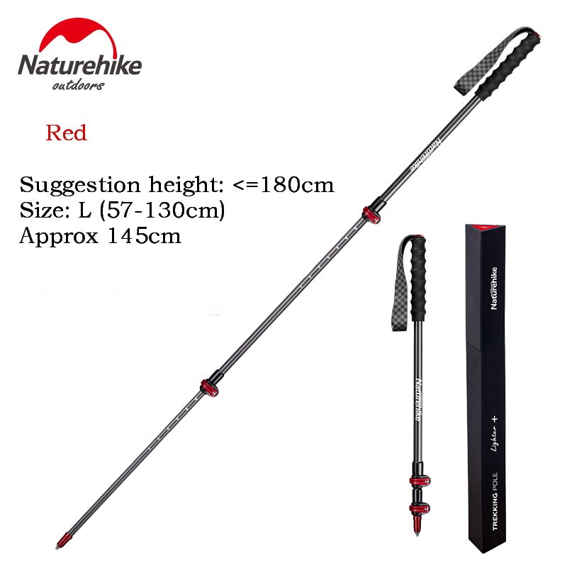 Bastón de Trekking ultraligero de fibra de carbono Naturehike de acero de tungsteno, 3 secciones, bastón para caminar, senderismo, alpinista S135g: Red L 1PC