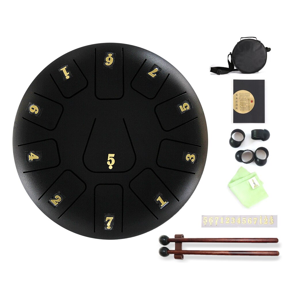 8 inch Tongue Drum Ethereal Rhythm 11 Tune Notes Hand Pan Drum with Drumsticks Sticker Storage Bag for Children Beginner Percuss: Matte Black