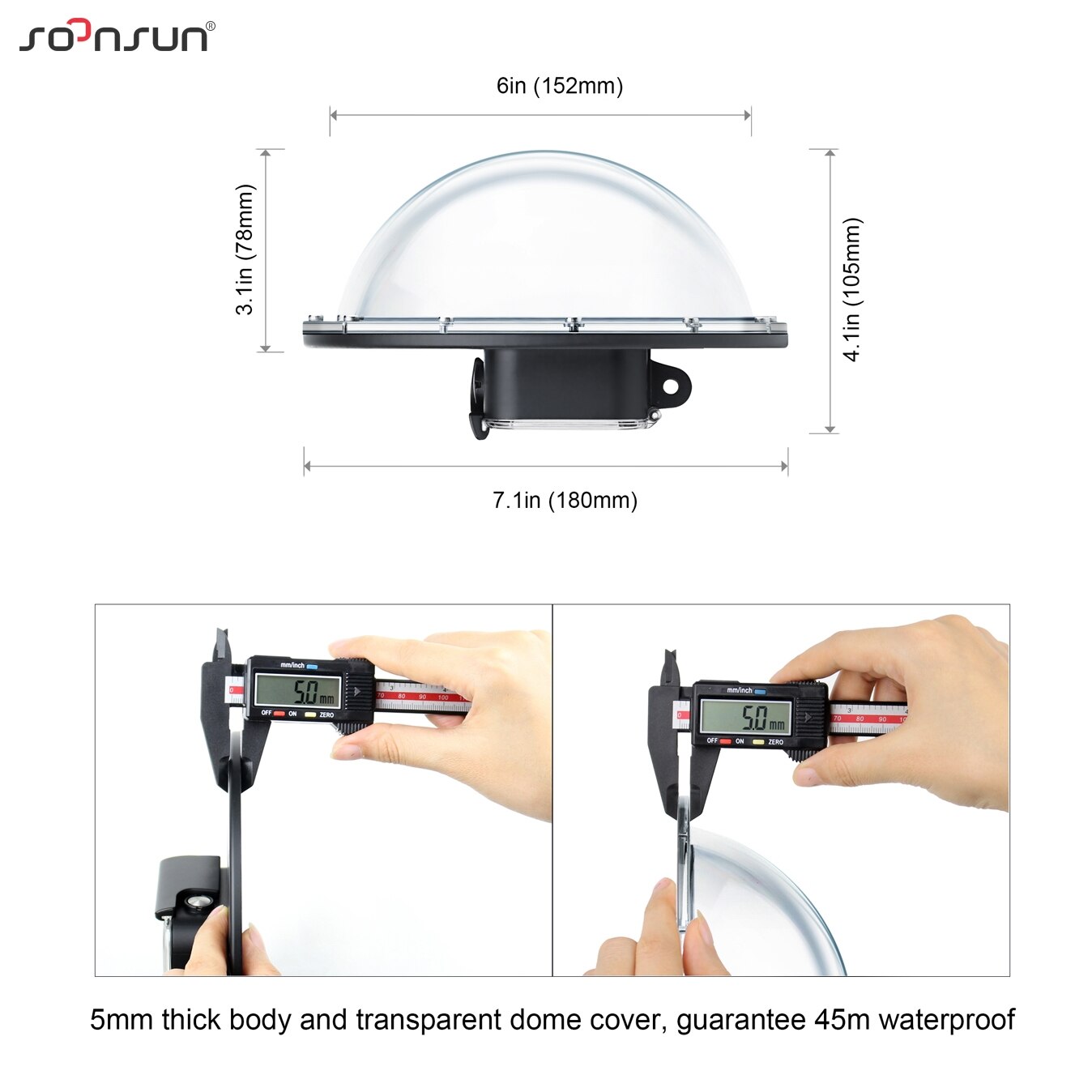 SOONSUN 6'' Underwater Diving Dome Port Lens with Waterproof Housing Case Trigger + Float Bobber Handle for GoPro Hero 8 Black