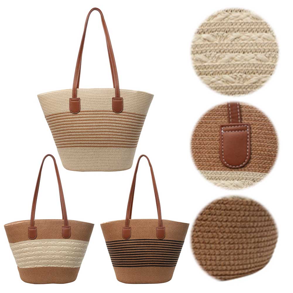 Dame tote taske med lynlås stribe vævet ferietaske stor kapacitet håndlavet taske ensfarvet til shopping arbejde strandtaske