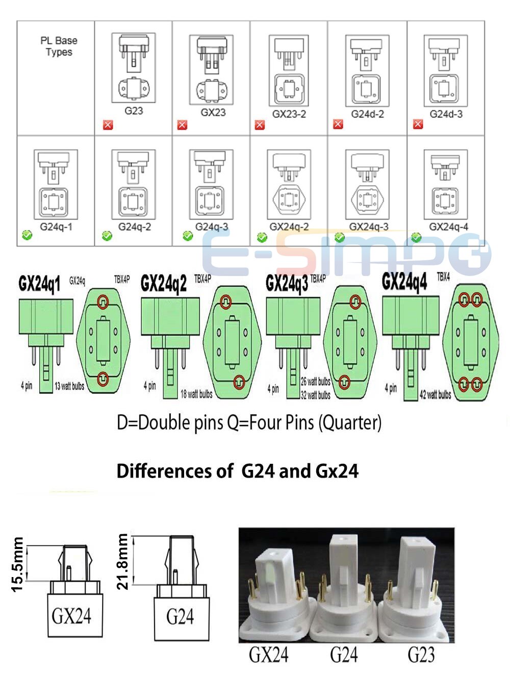 6 stk  gx24q til  e26/e27 adapter , 4 pin ,15.5mm,gx24 to e27 converter , g24q til  e26 e27 adapter 4 pin cfl lysstikadapter