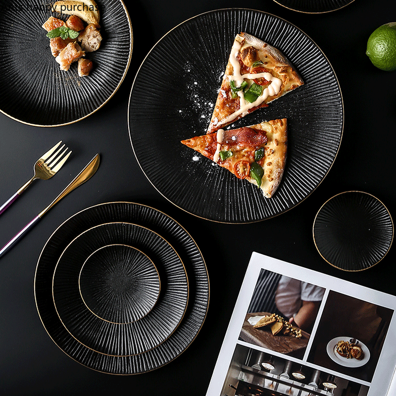 Western Food Plate Steak Tray Set Home Ceramic Dinner Plate Black Cutlery Kitchenware Restaurant Decorative Bowl European Style
