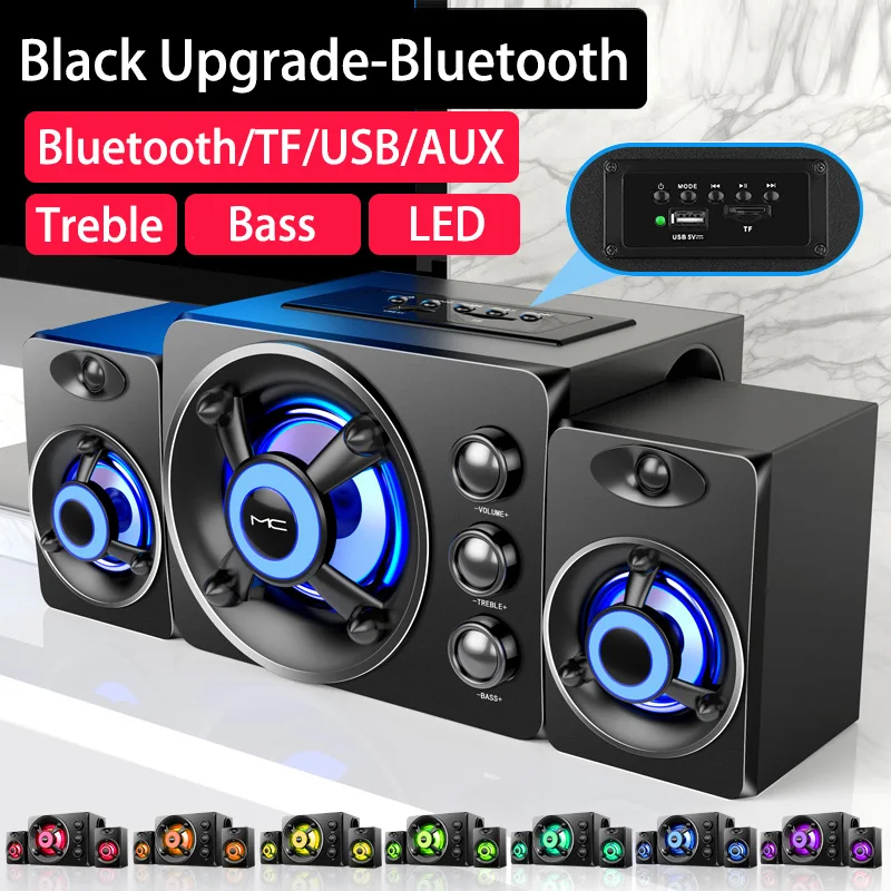 Hifi 3d stereohøjttalere farverig led lys tung bas aux usb kablet trådløs bluetooth lyd hjemmebiograf surround sound bar tv: Sort