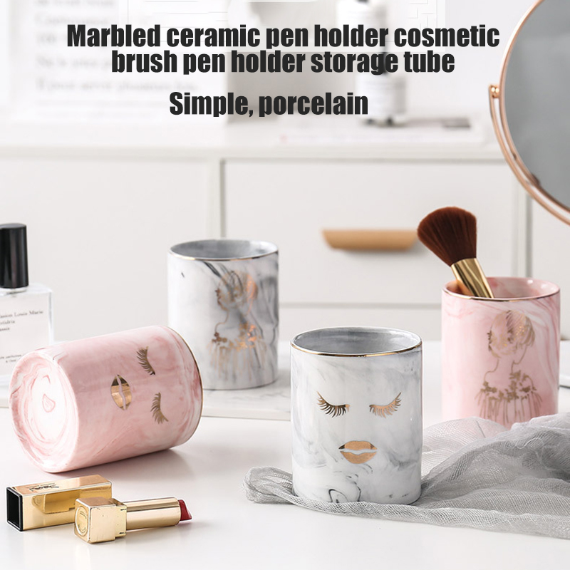 1pc Ceramic Pen Holder Marble Texture Pencil Cup Pot Desk Organizer Makeup Brush Holder SMD66