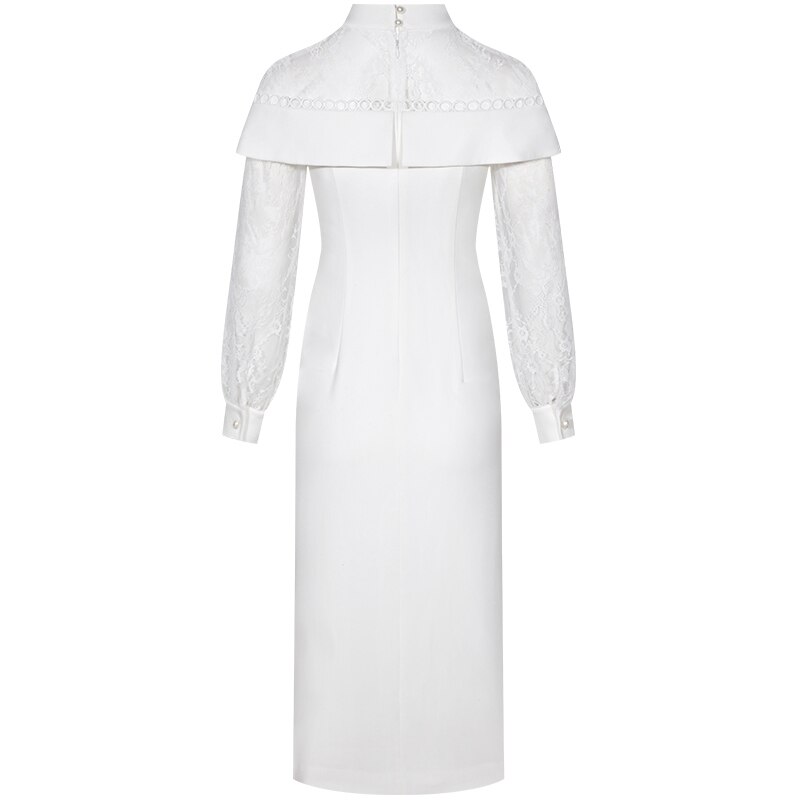 YIGELILA Herfst Nieuwkomers Witte Jurk O-hals Lange Mouwen Met Kant Jurk Lantaarn Mouwen Mid-kalf Elegante Jurk 65266