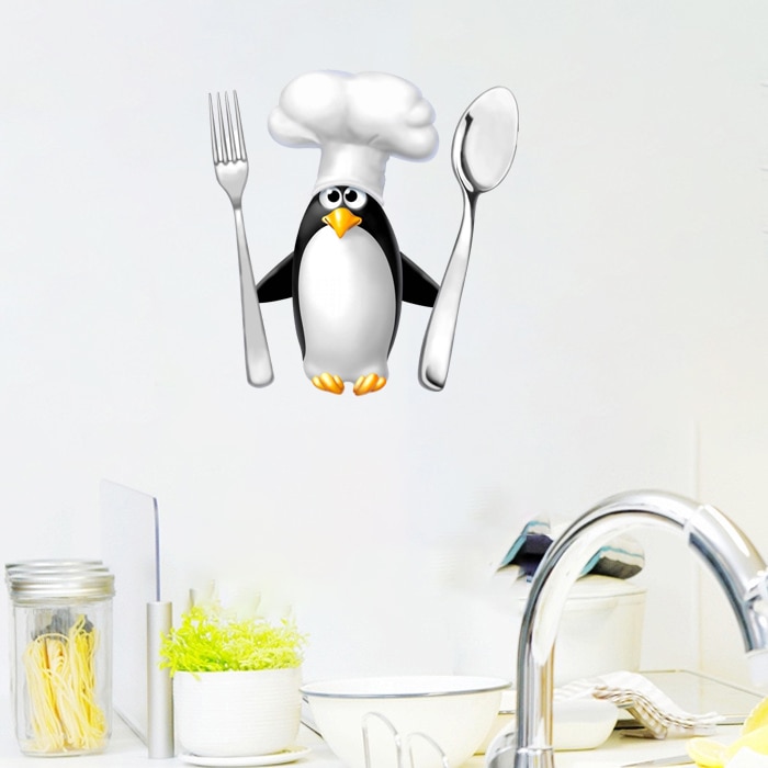 Drie Ratels QC157 Grappige Pinguïn Chef Koelkast Decal Keuken Sticker