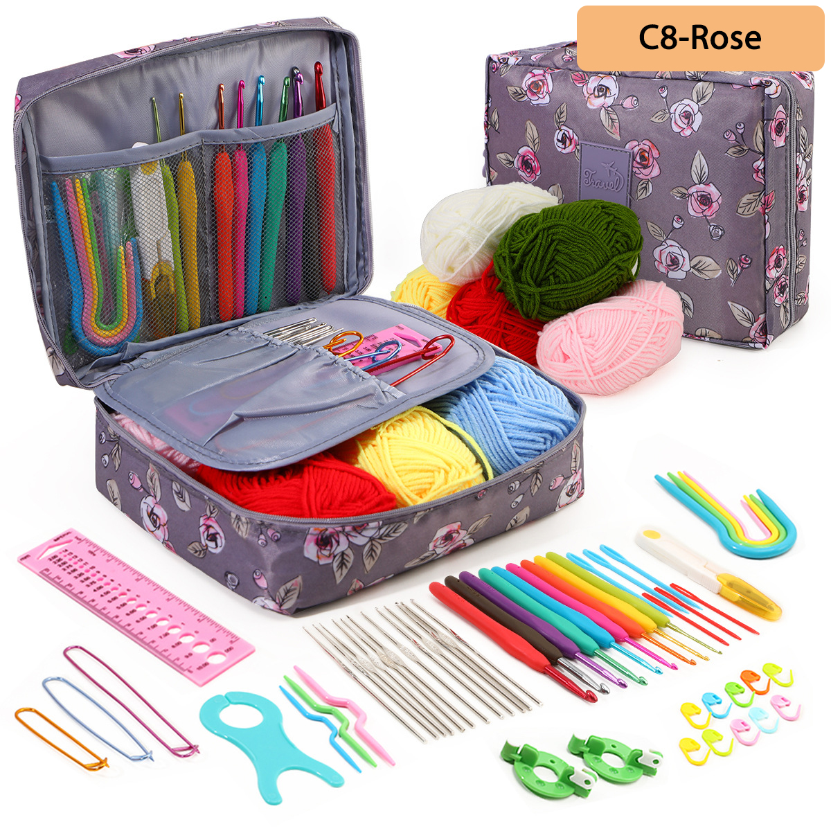 59 Pieces Knitting Crochet Set, Home Use Sewing Tool Kit, Craft Knit Tools with Crochet Thread, DIY Craft Sewing Tools with Bag: PURPLE