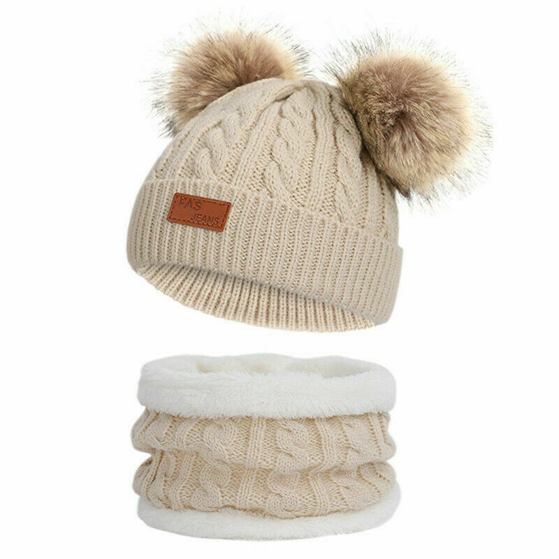 Søde 2 stk børn vinter udendørs tykt strik med dobbelt pels pom pom søde beanie hat sæt