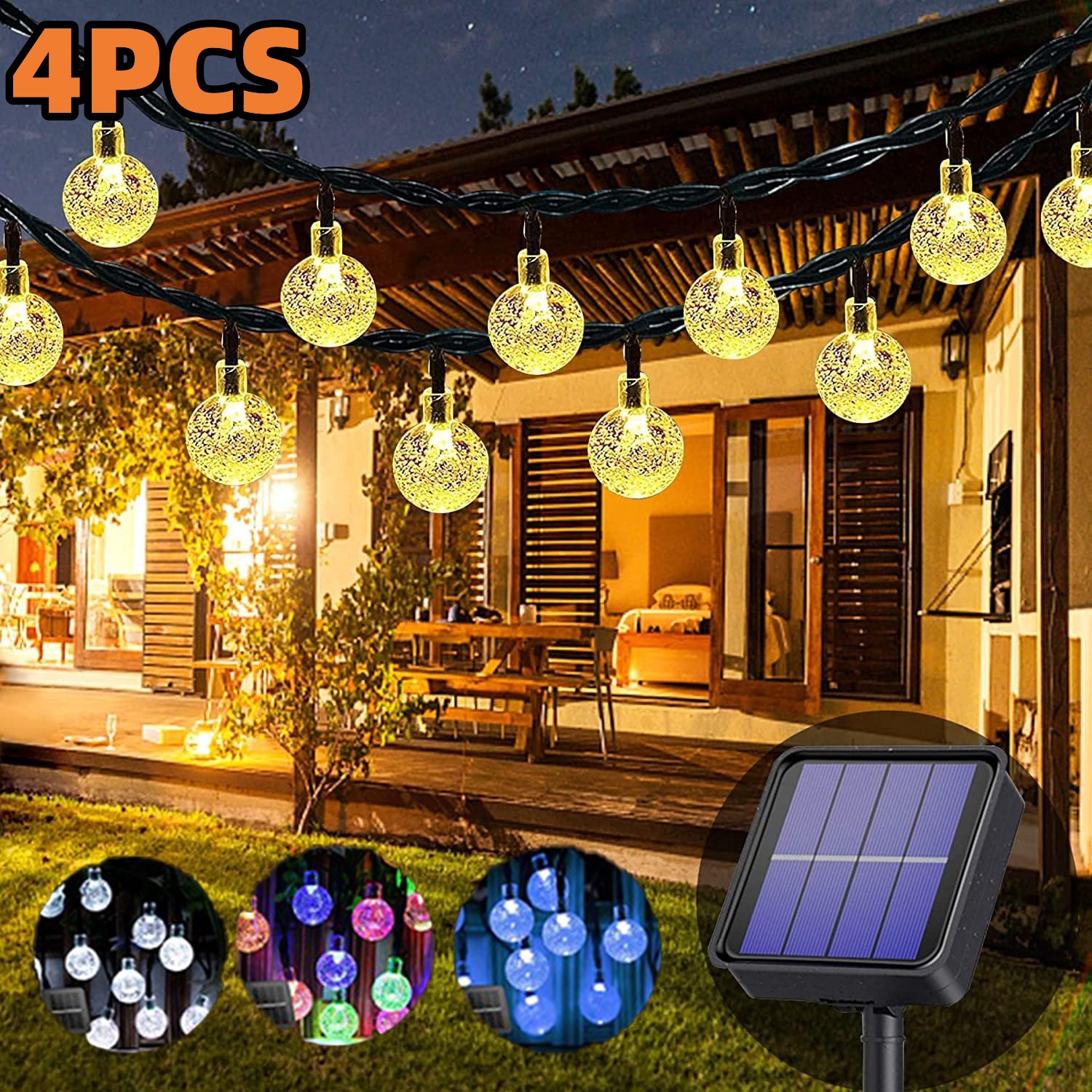 Solcelledrevne lyslenker utendørs  ip65 vanntette 60 led-lys med 8 moduser krystallkule julelys til hage, plen, veranda, dekor, camping