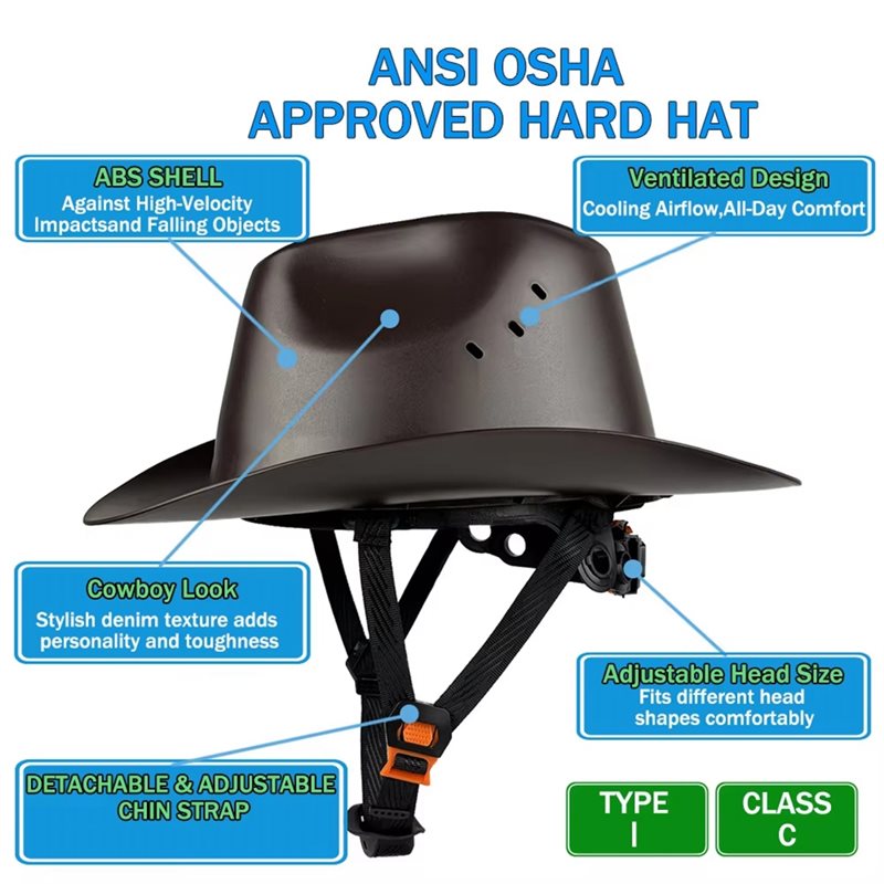 【RECOMENDAR】HDPE Capacete de segurança de cowboy de aba completa com orifício de ventilação para construção ao ar livre Boné de