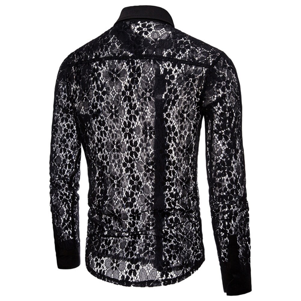 Men Sexy Shirts Long Sleeve Solid Color Lace Mesh See Through Clubwear Buttons Down Shirt Slim Party Transparent Shirt Tops