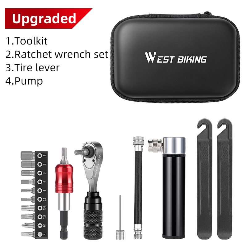 WEST BIKING Portable Toolkit Multifunctional Repair Tool Bag Ratchet Wrench Kit Tire Lever Mini Pump Tools Set Bike Accessories: black