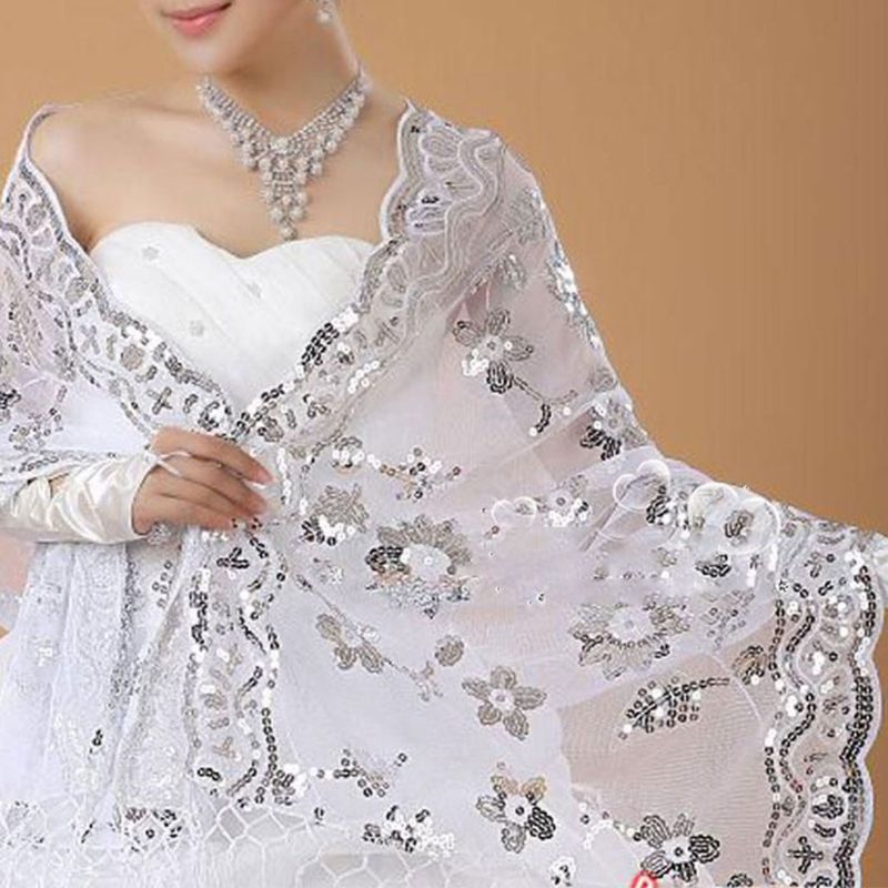 Brud brudekjole kvinner cheongsam sjal hvite blonder broderte paljetter lange sjal