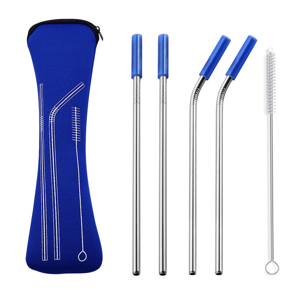 6 stks/set Herbruikbare Rvs Rietjes Rechte Gebogen Rietjes met Siliconen Tips voor Koude Drank Bar Gereedschap: Dark blue