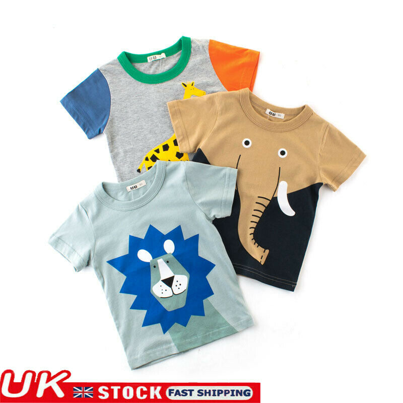 UK Fashion Summer Kids Boys Top Short Sleeve Cartoon Animals Patterns T-Shirts