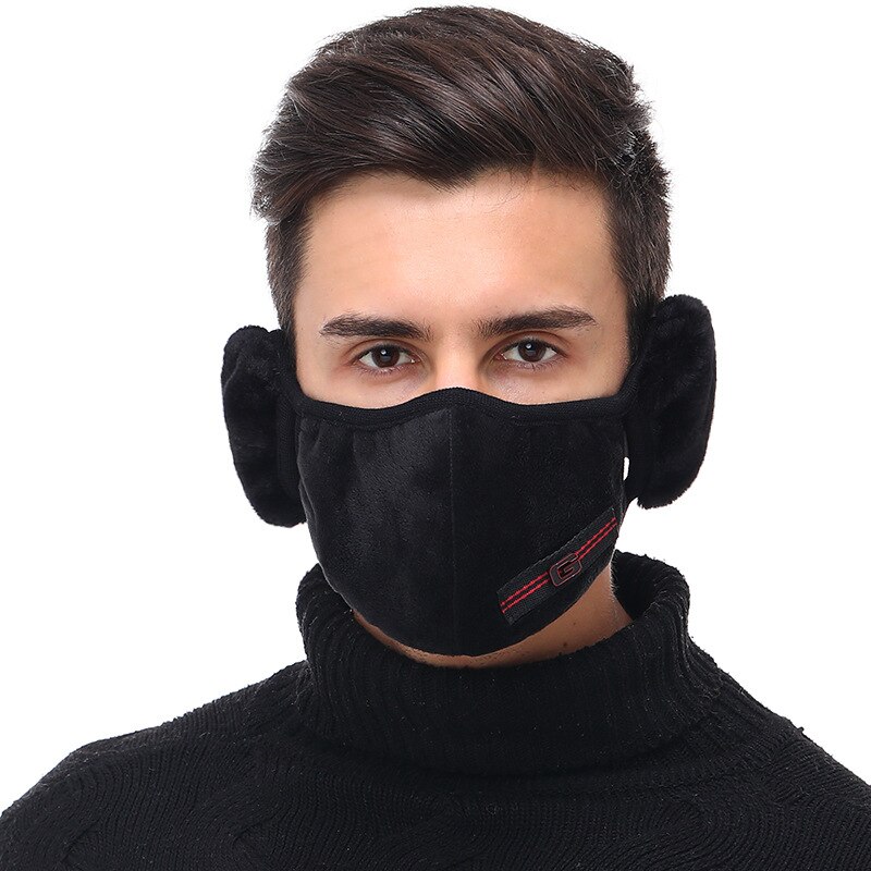 Winter Men Earmuff Mouth Cover Outdoor Men Muffler Earmuffs Breathable Windproof Men Riding Face Mouth Ear Warmer Earlap: black