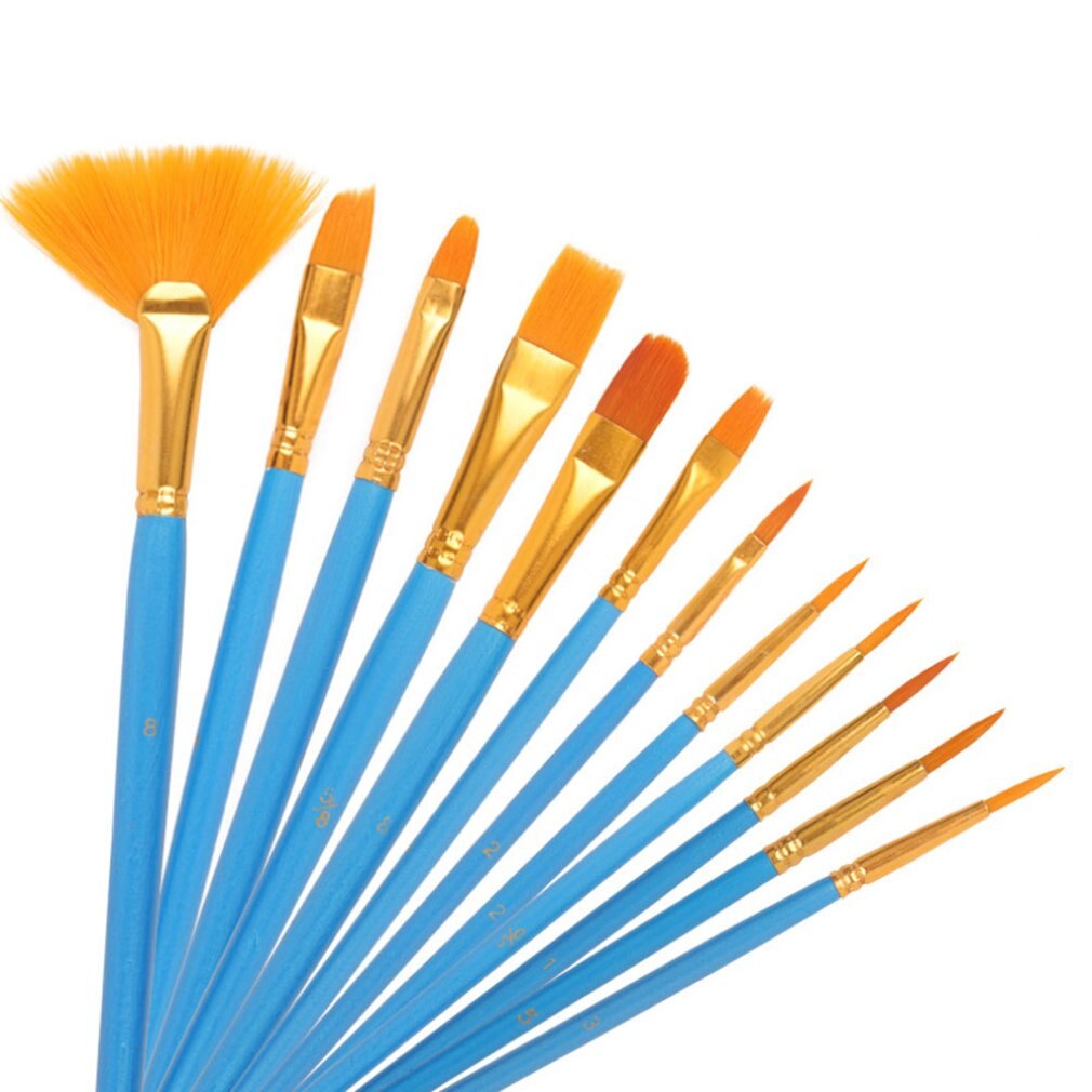 12Pcs Pearly Blue Rod Painting Watercolor Pen Set Nylon Wool Fan Oil Paintbrush Diy Acrylic Paint Brush